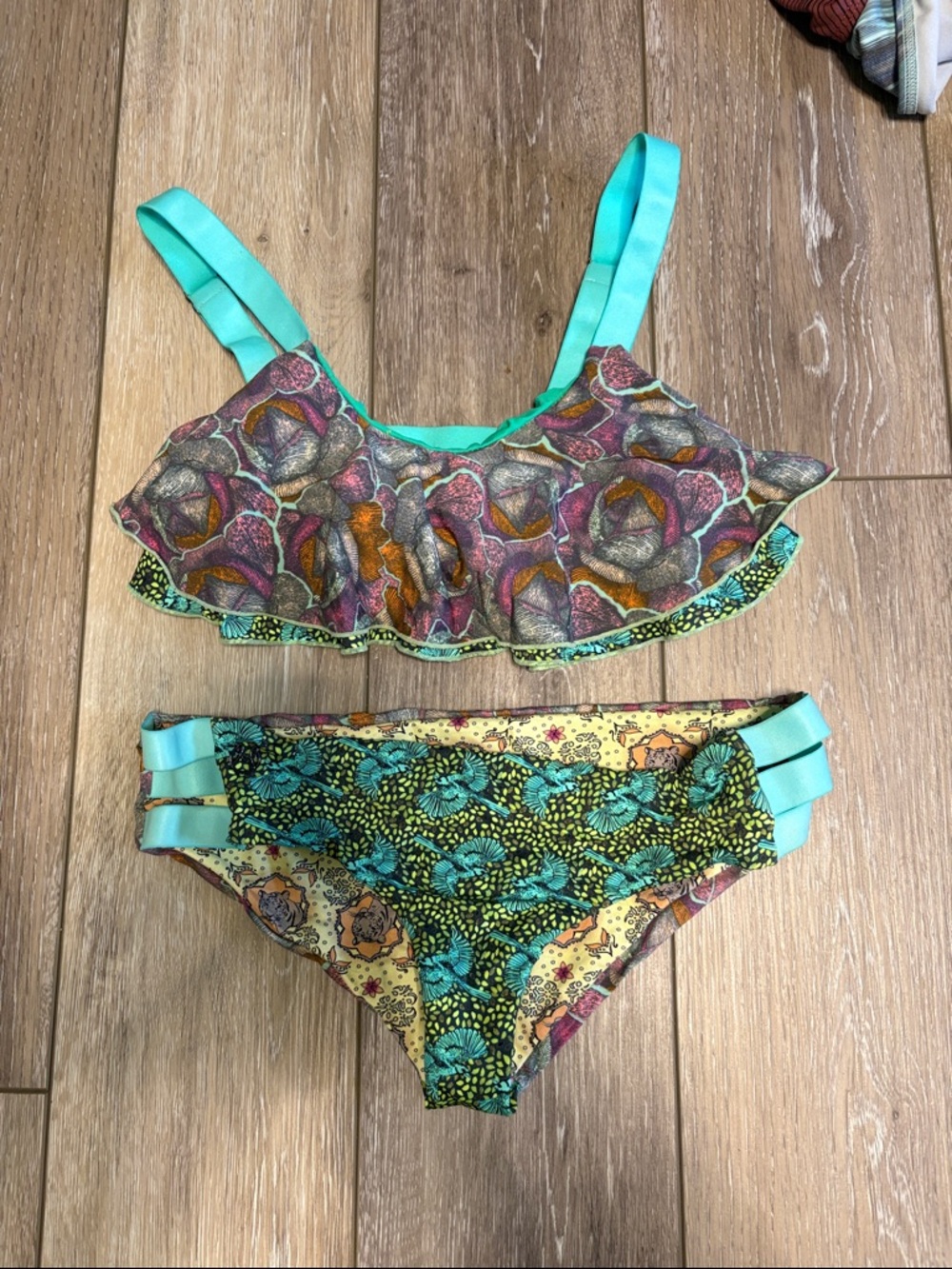 Maaji Floral Mixed-Print Bikini in Aqua, Teal, Yellow and Purple